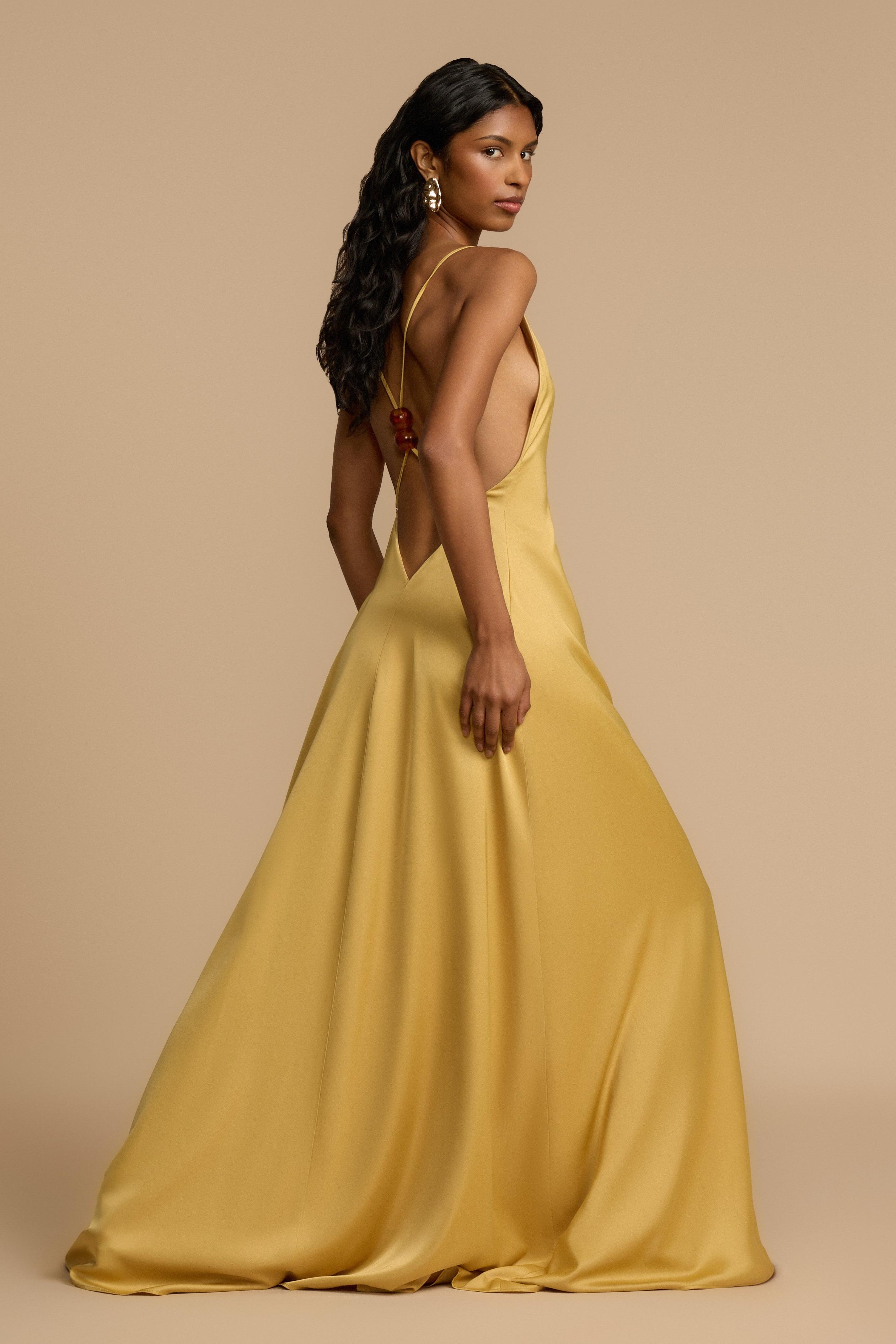 Satin Backless Beaded V-Neck Maxi Dress