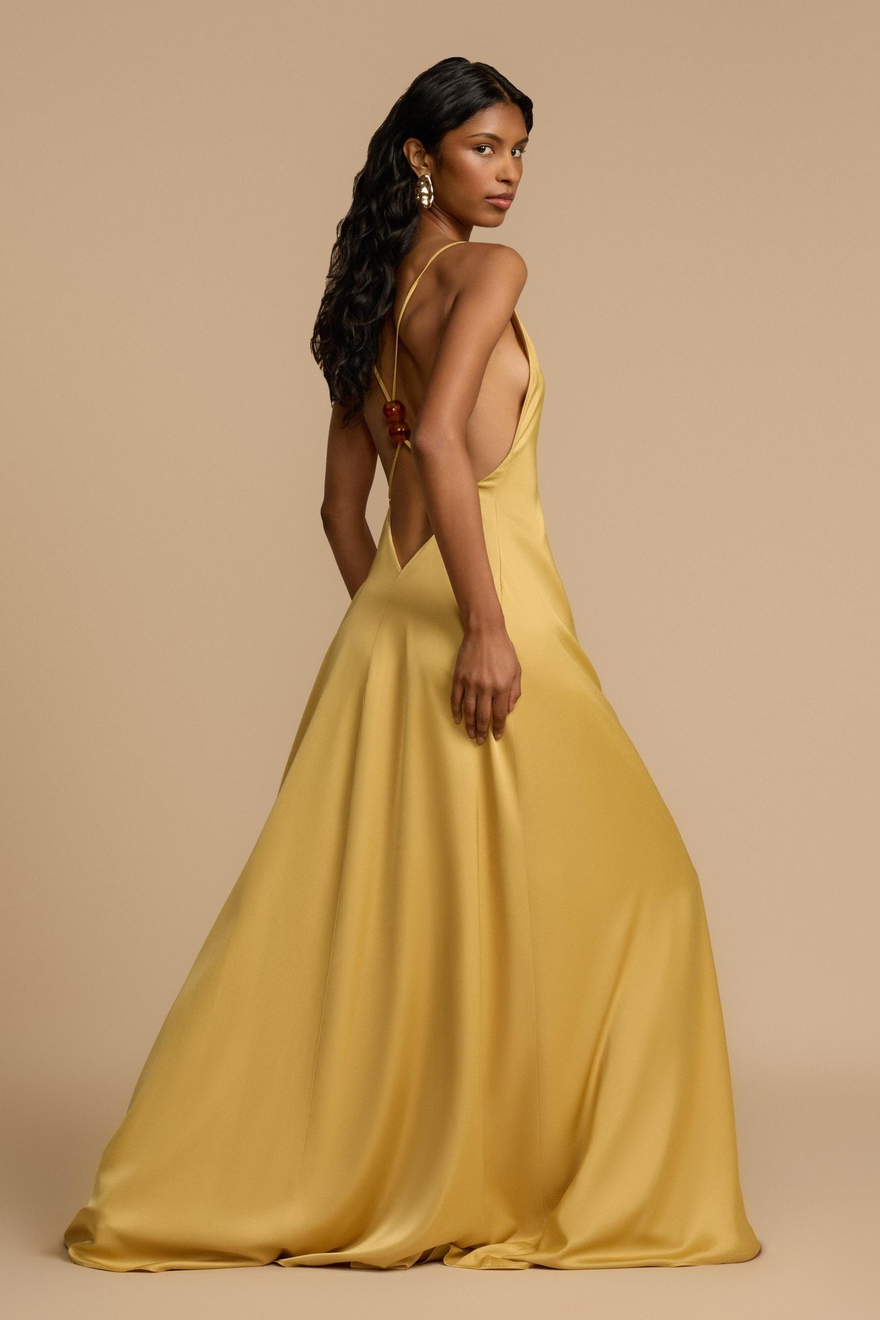 Satin Backless Beaded V-Neck Maxi Dress