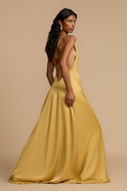 Satin Backless Beaded V-Neck Maxi Dress