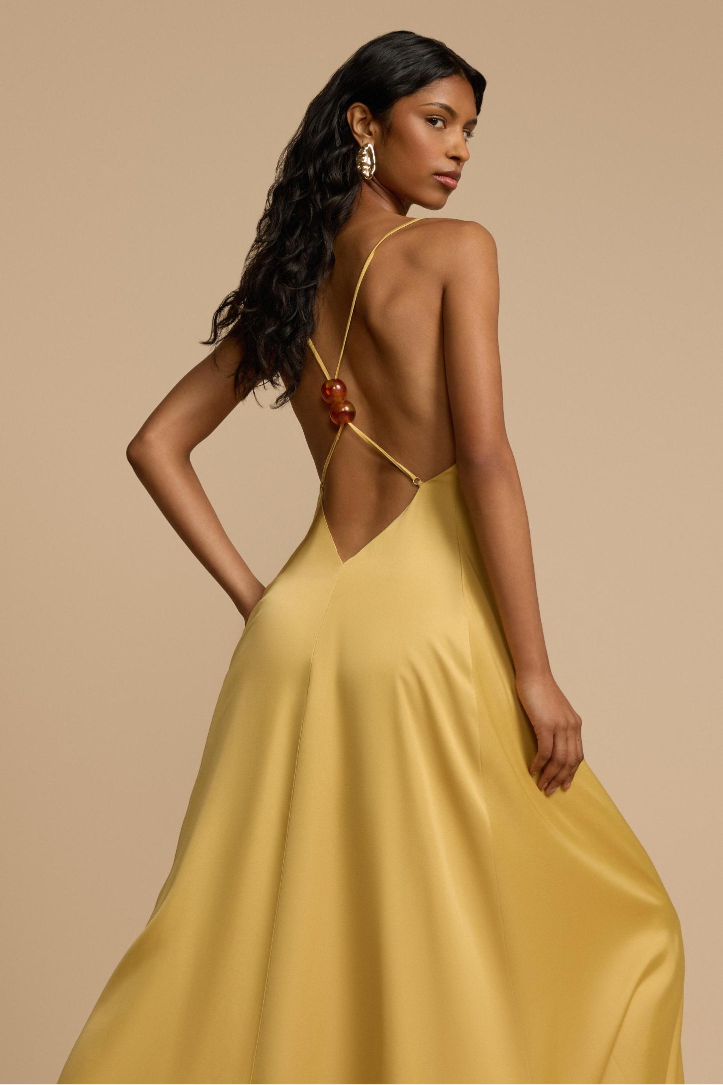 Satin Backless Beaded V-Neck Maxi Dress
