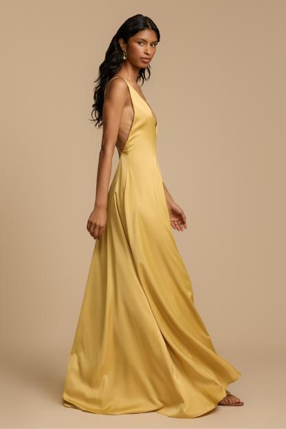Satin Backless Beaded V-Neck Maxi Dress