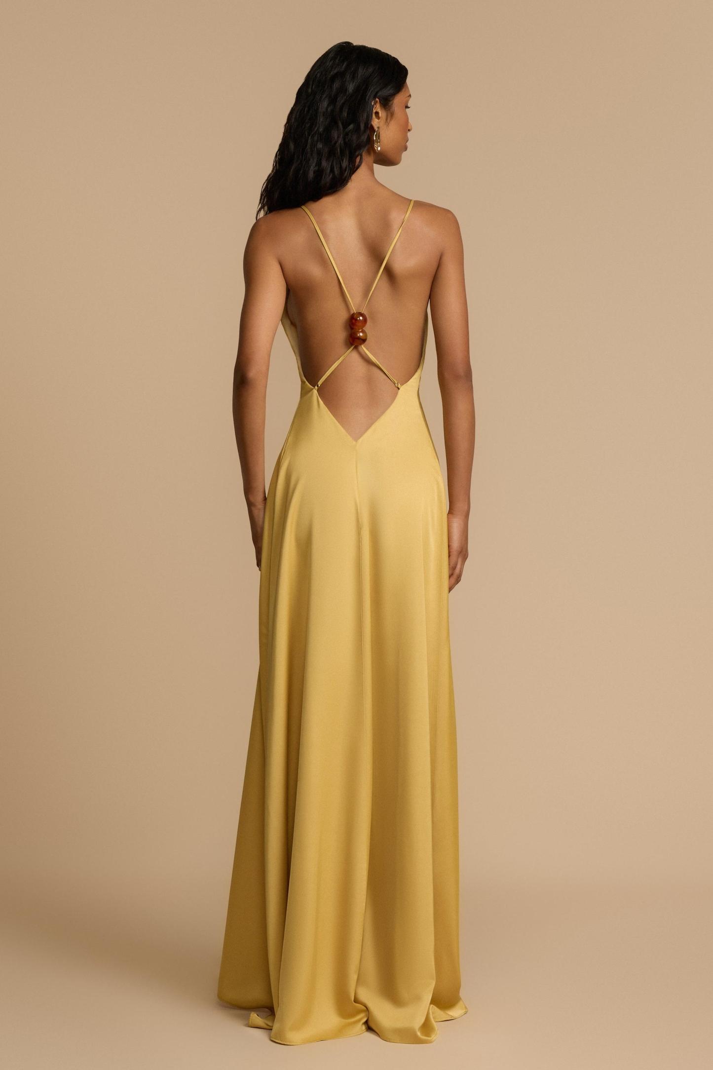 Satin Backless Beaded V-Neck Maxi Dress