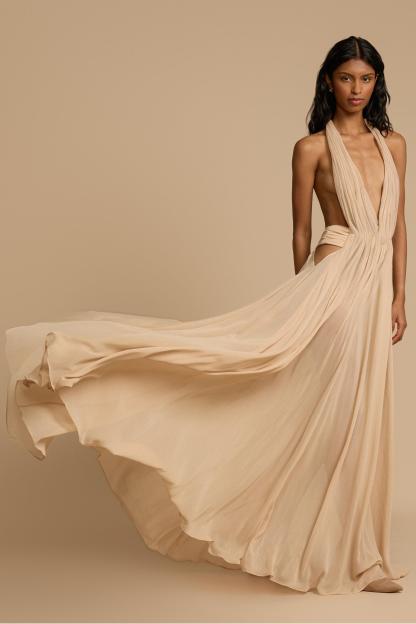 Solid V-Neck Halter Neck Maxi Dress