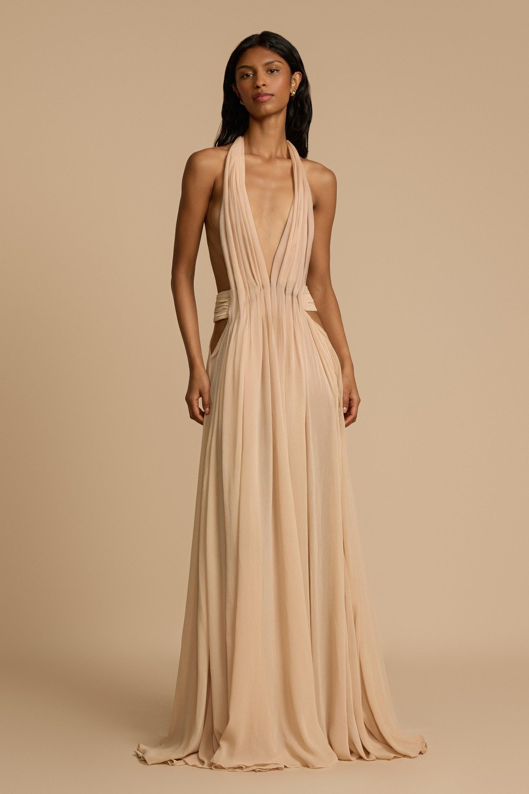 Solid V-Neck Halter Neck Maxi Dress