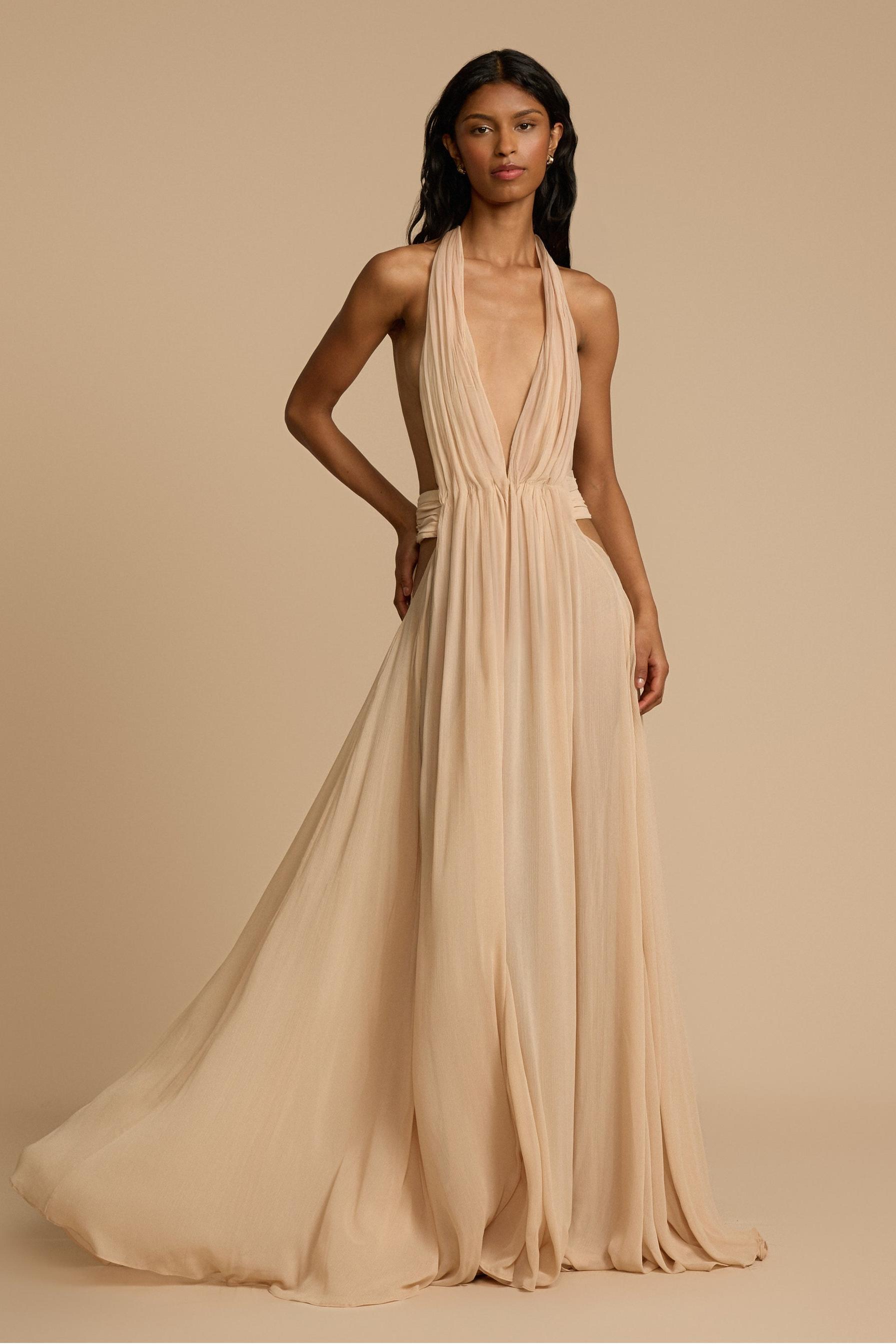 Solid V-Neck Halter Neck Maxi Dress
