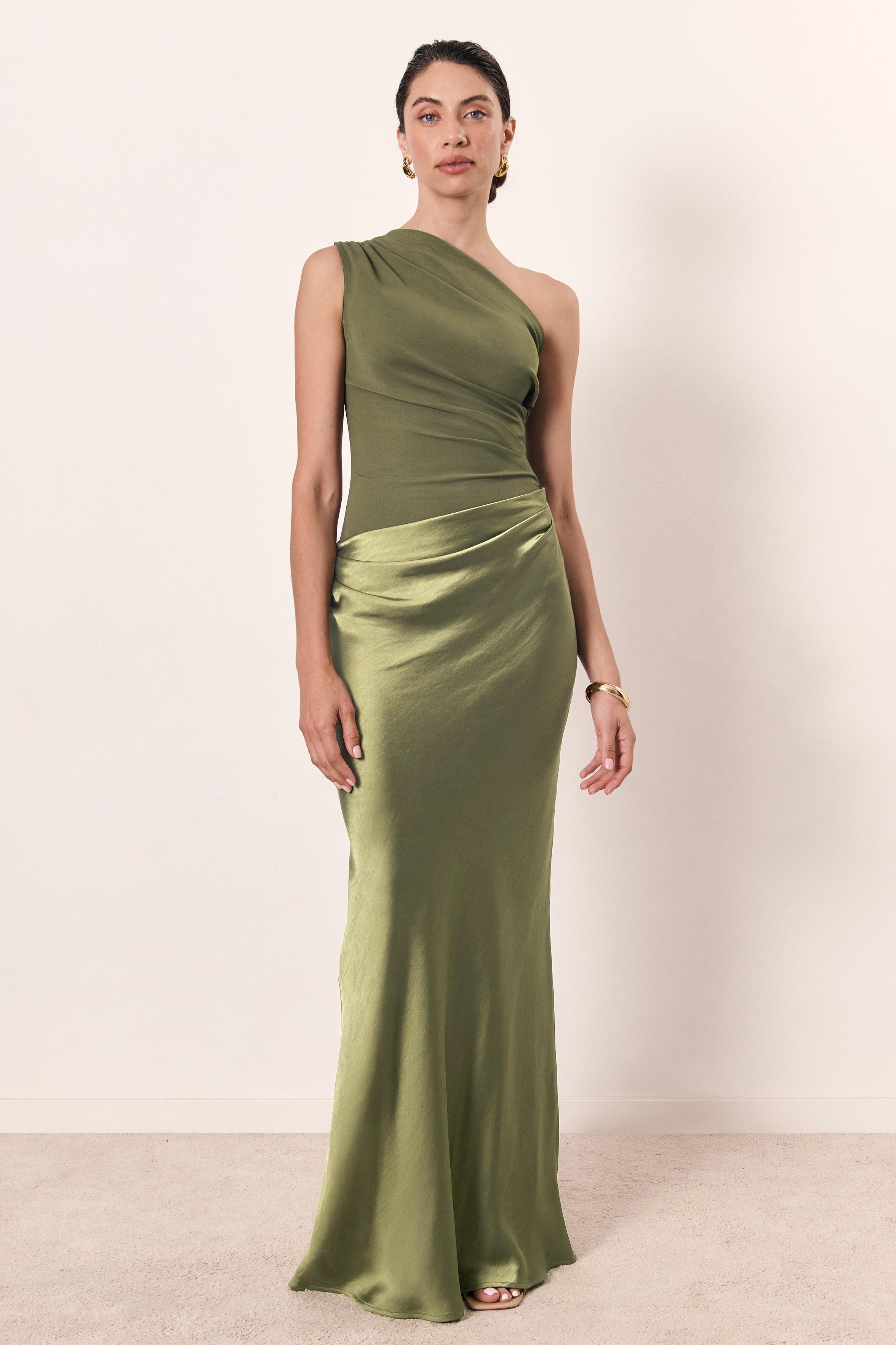 Satin Splicing One-Shoulder Ruched Maxi Dress