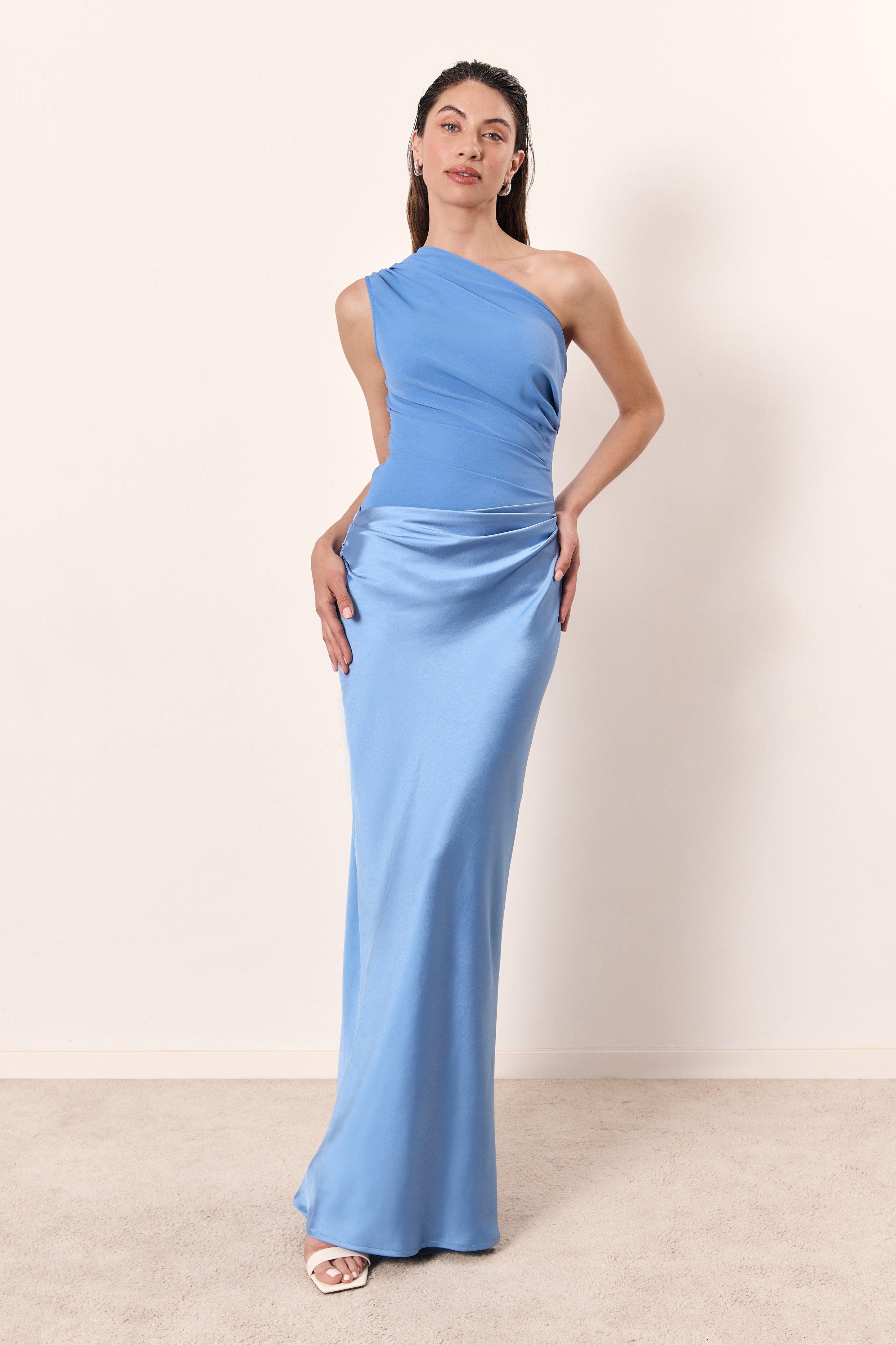 Satin Splicing One-Shoulder Ruched Maxi Dress