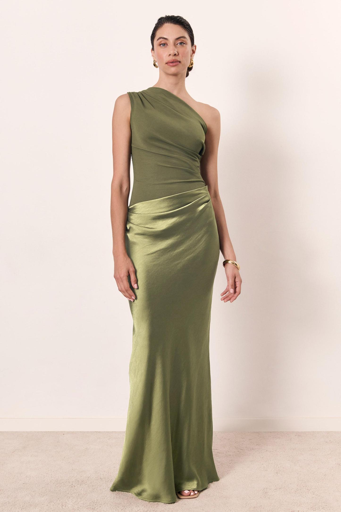 Satin Splicing One-Shoulder Ruched Maxi Dress