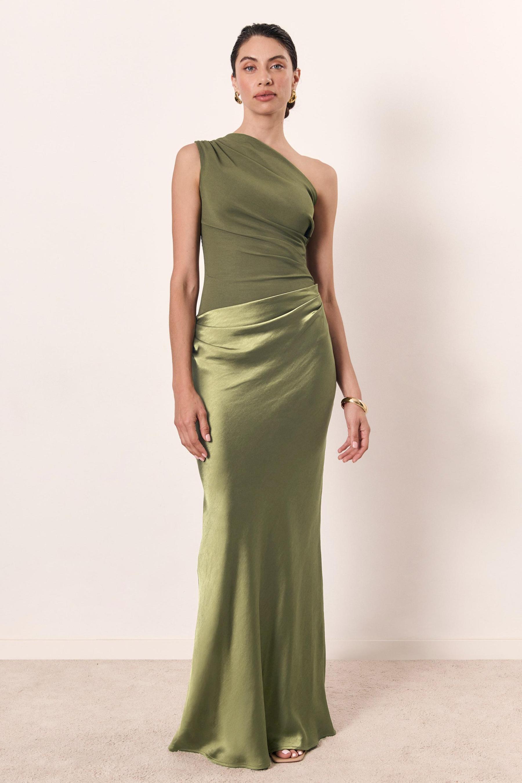 Satin Splicing One-Shoulder Ruched Maxi Dress