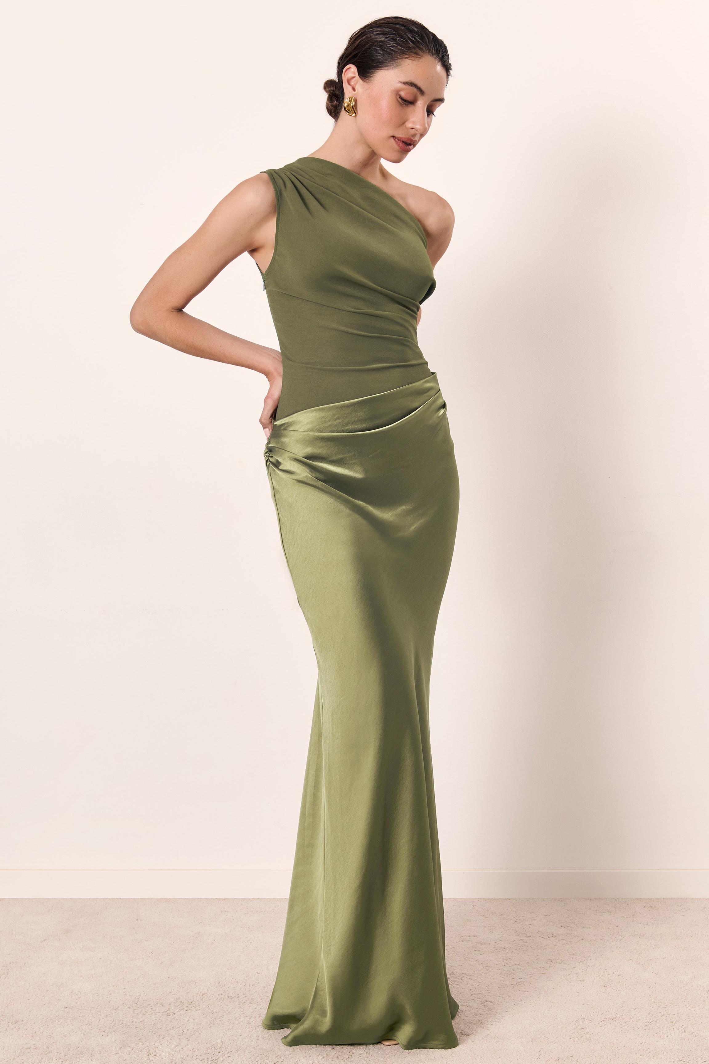 Satin Splicing One-Shoulder Ruched Maxi Dress
