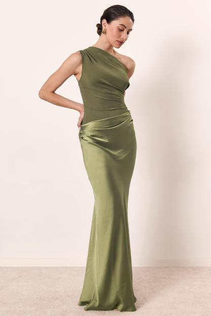 Satin Splicing One-Shoulder Ruched Maxi Dress