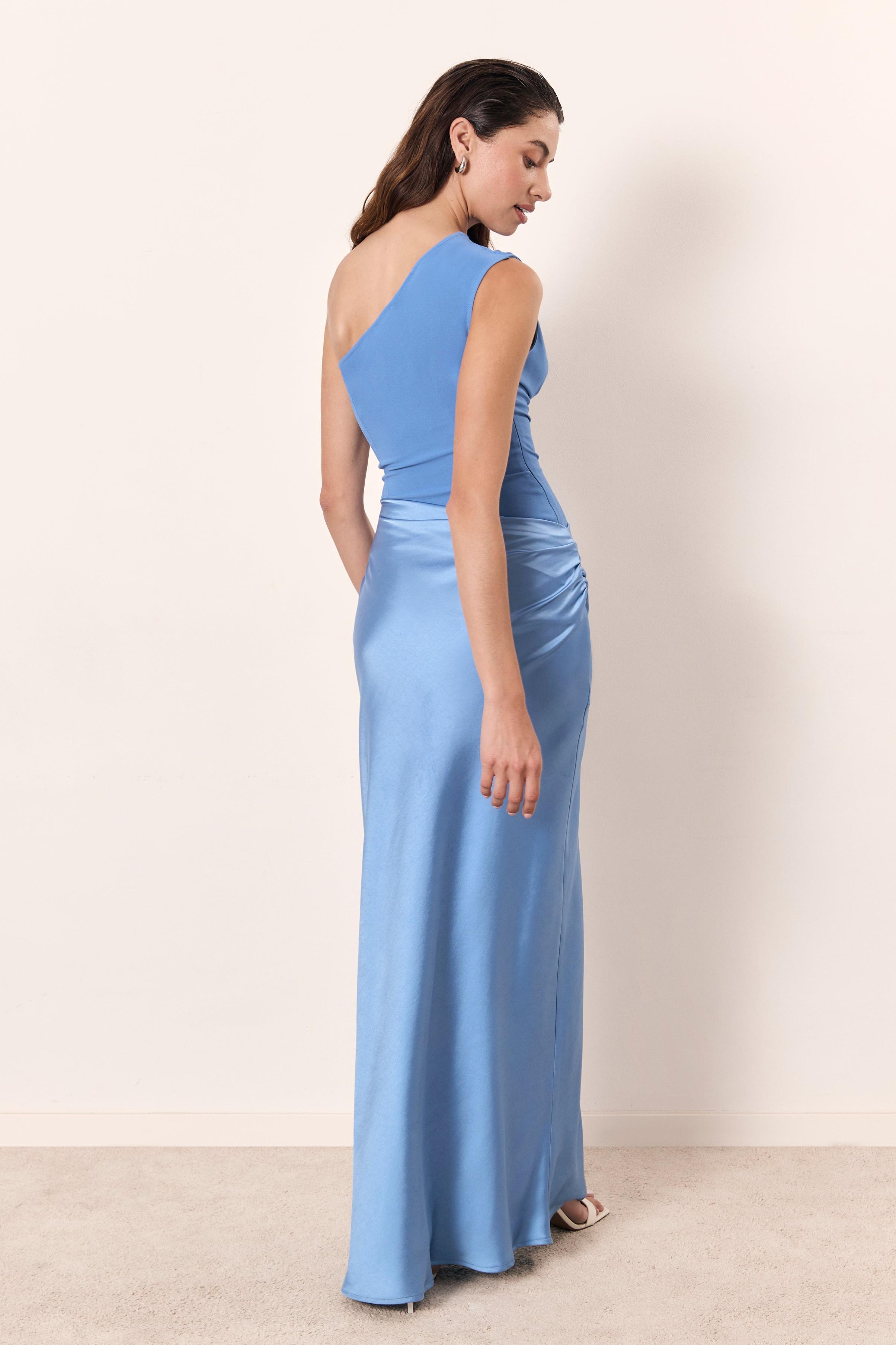 Satin Splicing One-Shoulder Ruched Maxi Dress