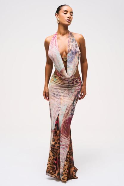 Metal Shell Swing Collar Leopard Print Maxi Dress