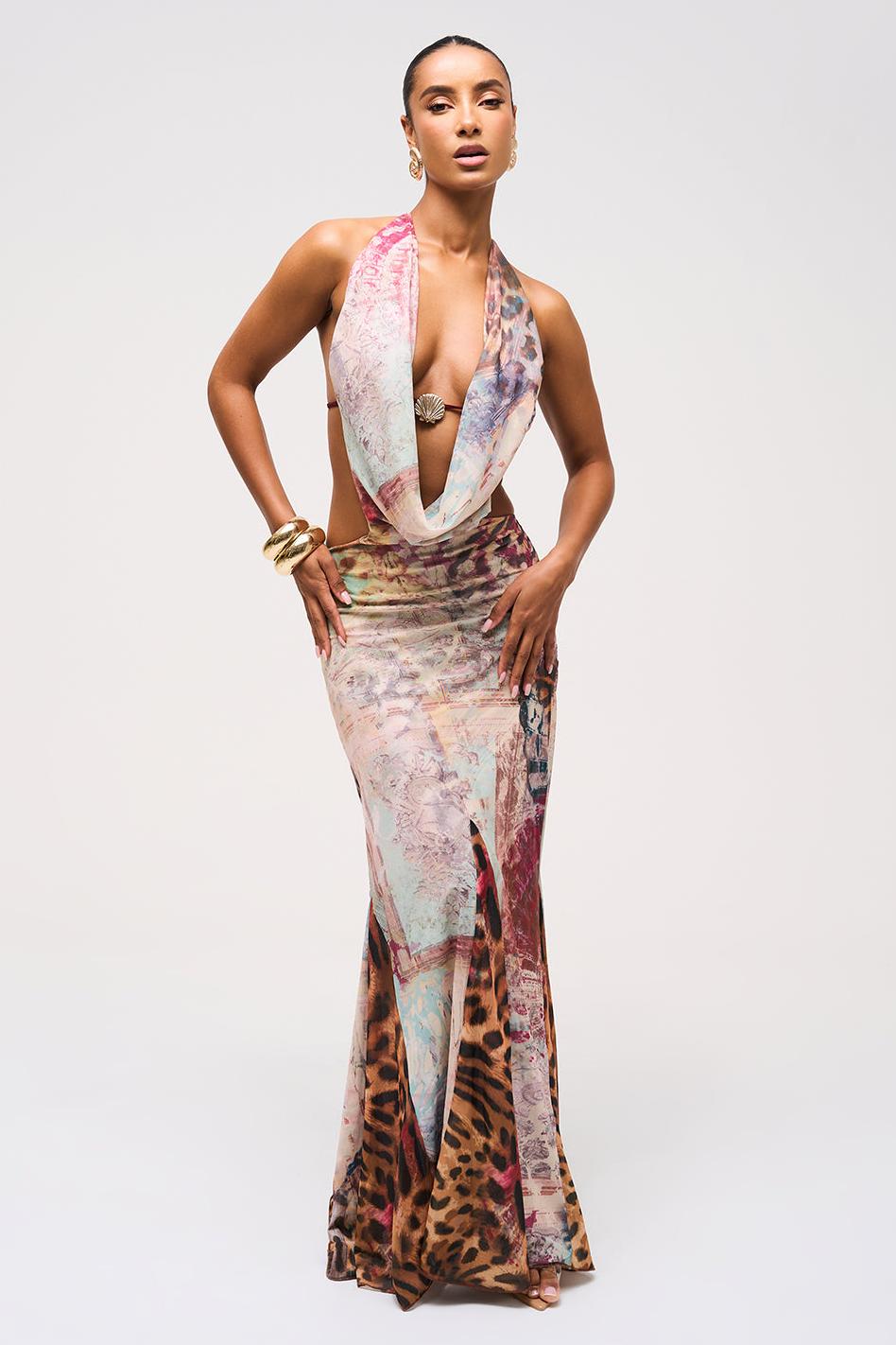 Metal Shell Swing Collar Leopard Print Maxi Dress