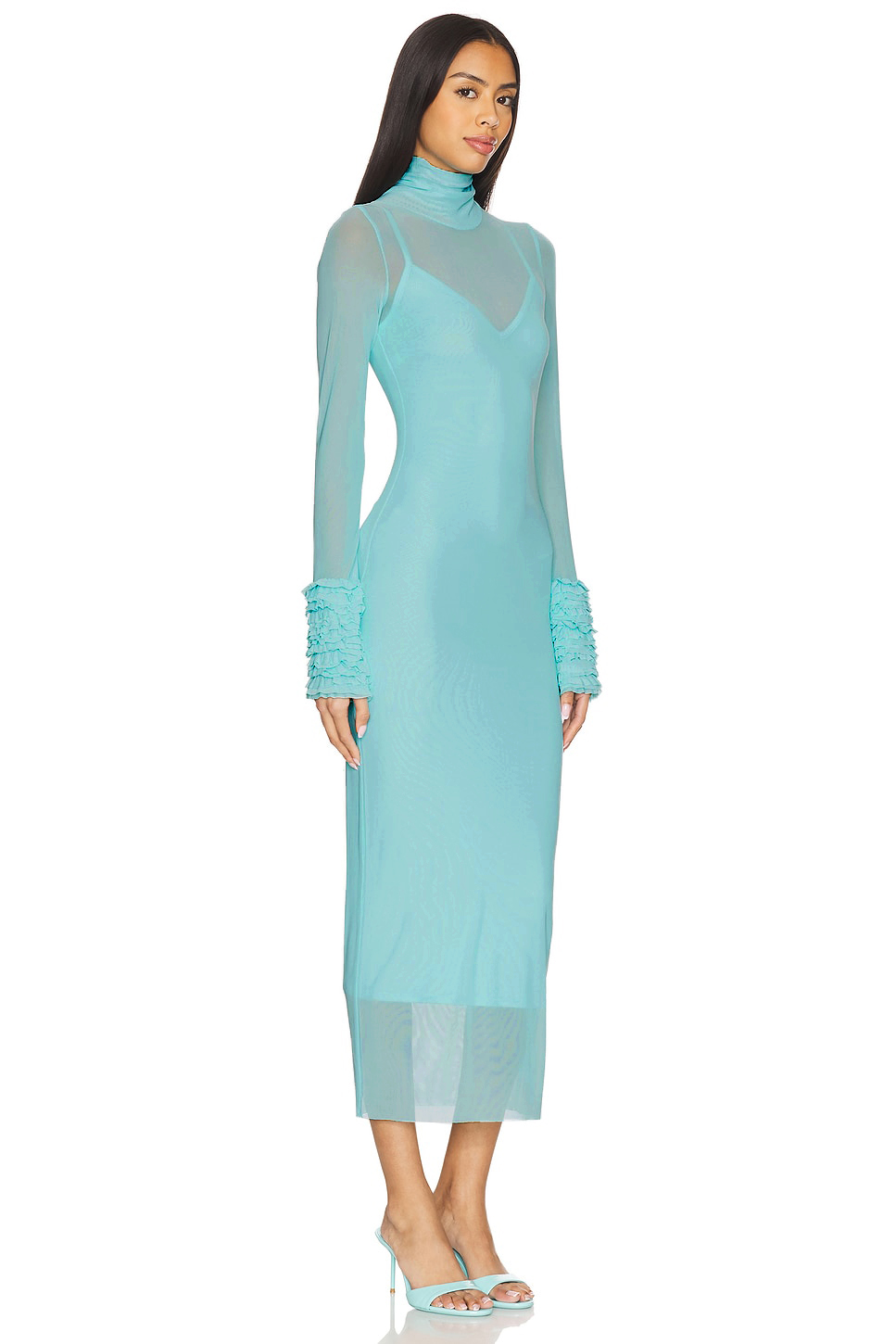 Mesh High Neck Long Sleeve Frill Midi Dress