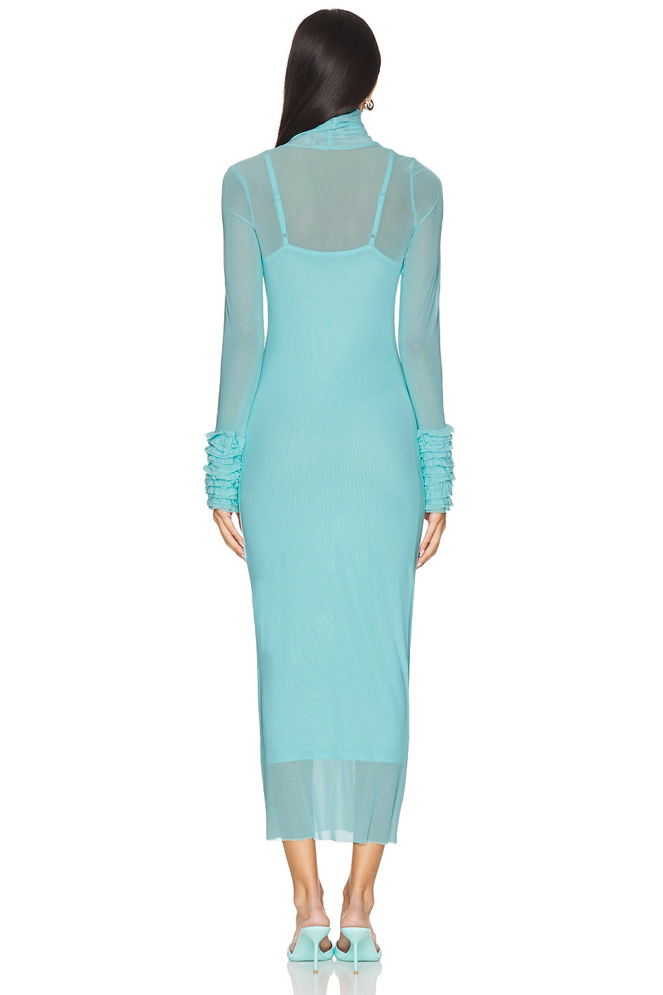 Mesh High Neck Long Sleeve Frill Midi Dress