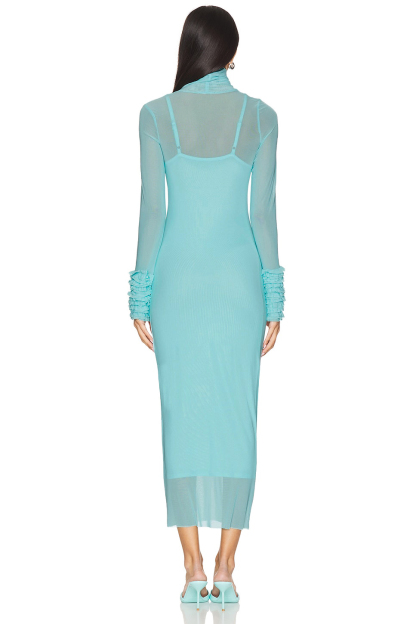 Mesh High Neck Long Sleeve Frill Midi Dress