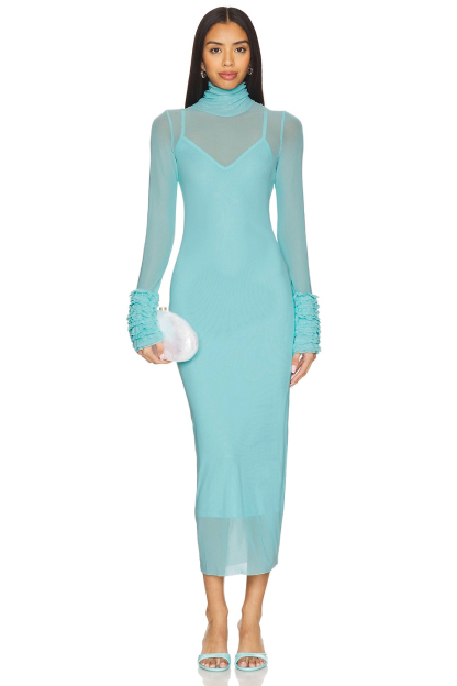 Mesh High Neck Long Sleeve Frill Midi Dress