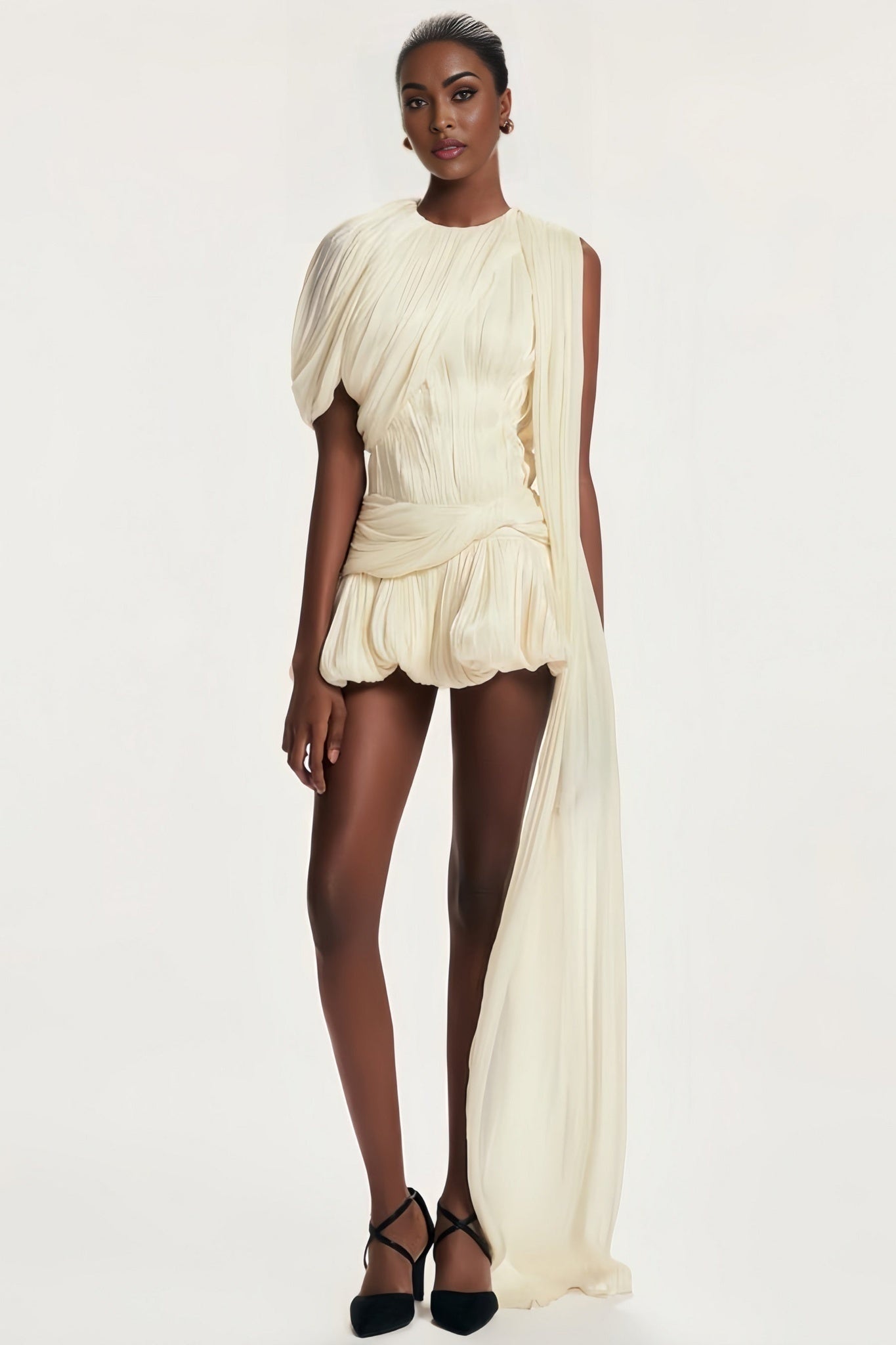 Cape Sleeve Ruched Asymmetrical Mini Dress