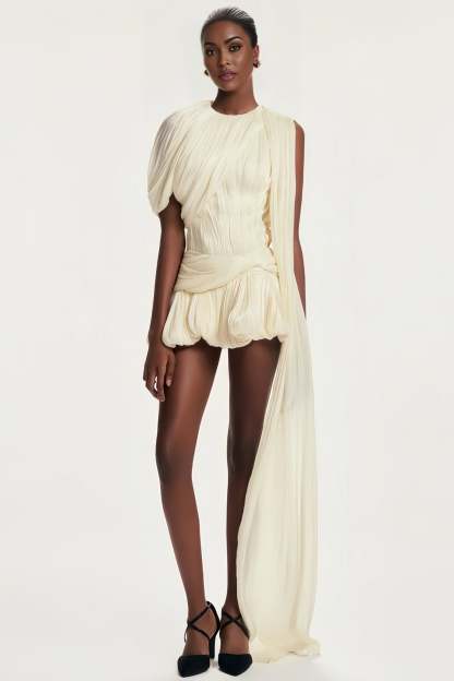 Cape Sleeve Ruched Asymmetrical Mini Dress