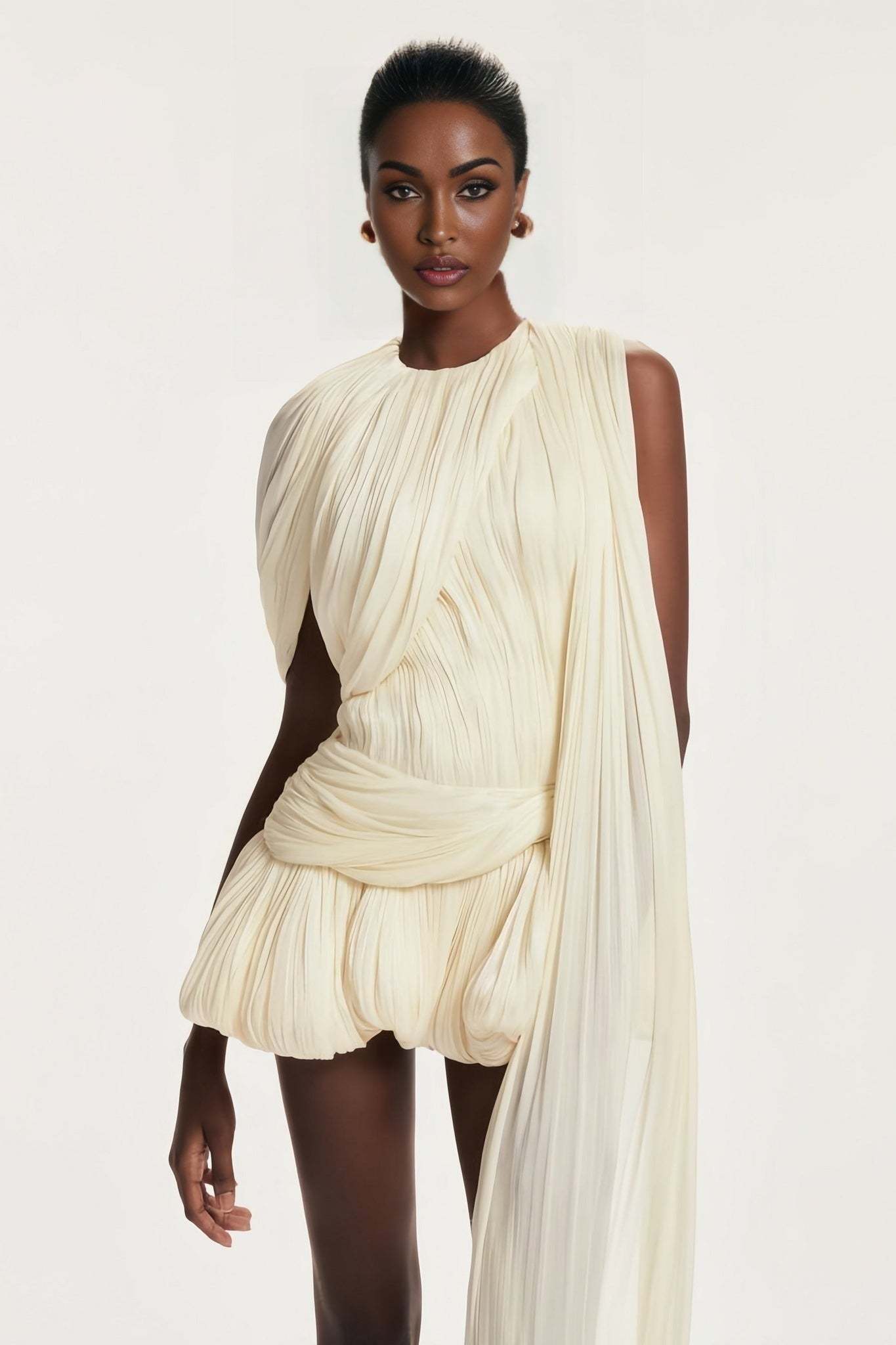 Cape Sleeve Ruched Asymmetrical Mini Dress