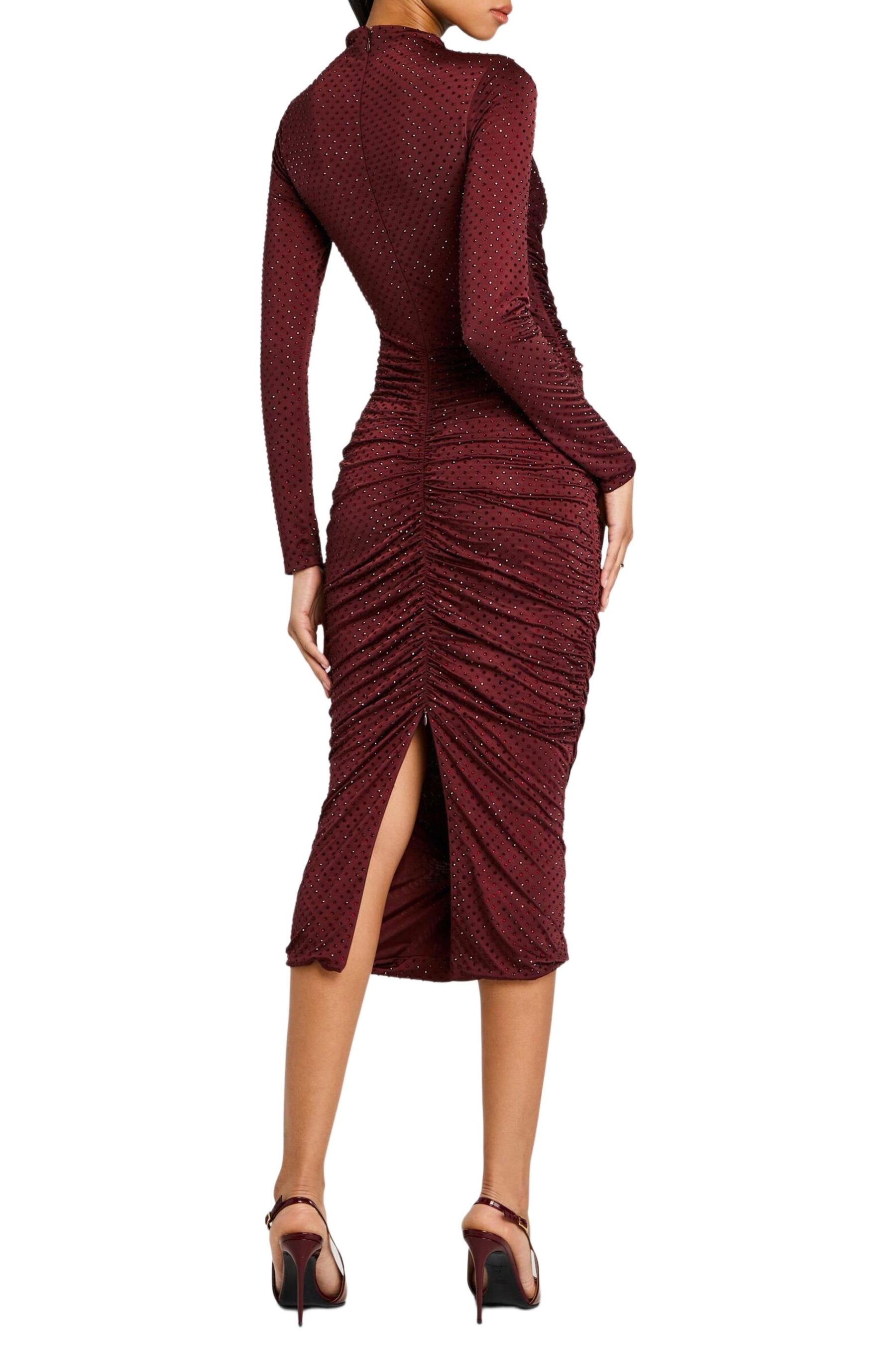Rhinestone Long Sleeve Ruched Midi Dress
