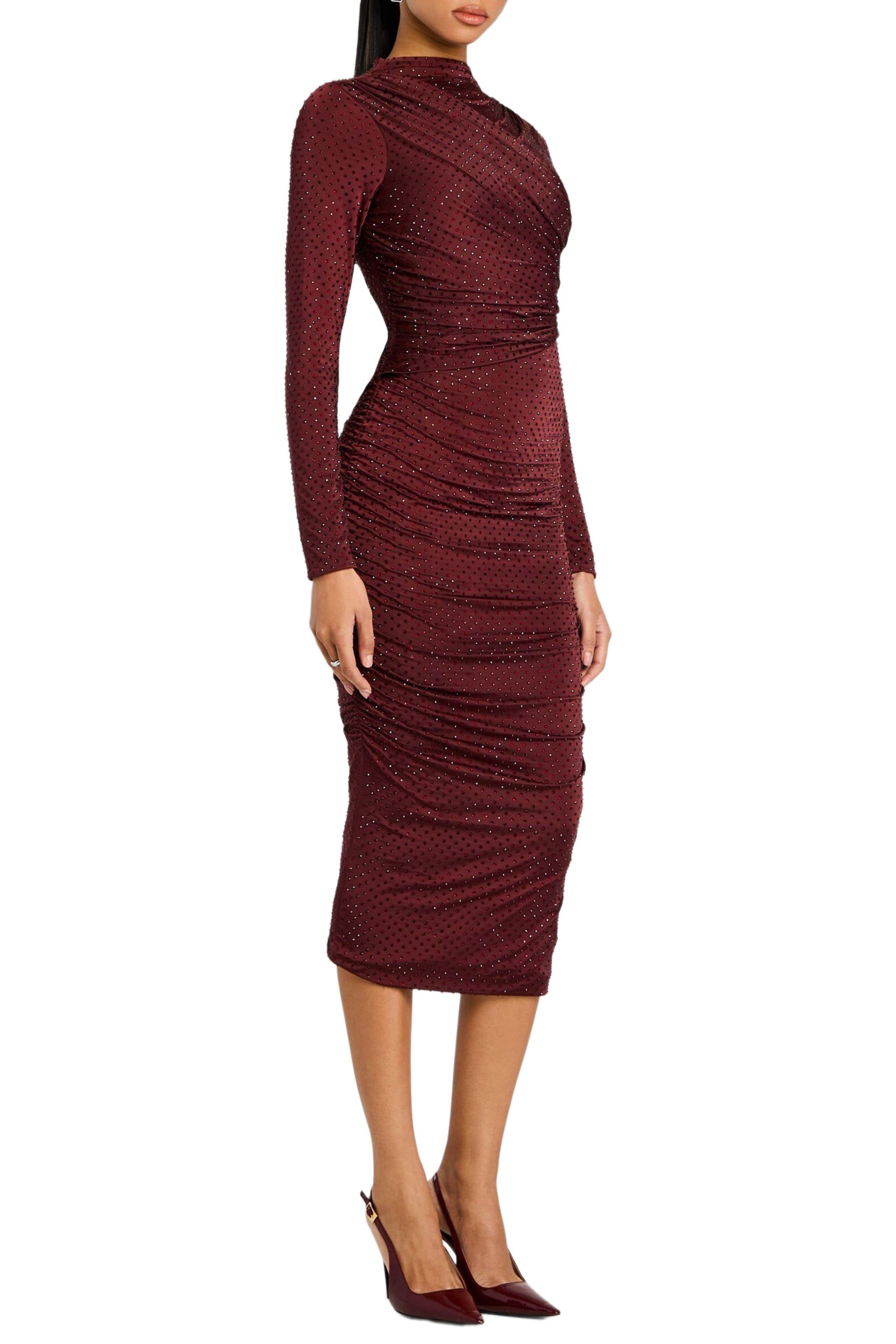 Rhinestone Long Sleeve Ruched Midi Dress
