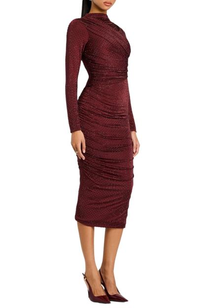 Rhinestone Long Sleeve Ruched Midi Dress