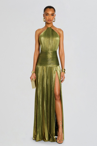 Metallic Fabric Pleated Halter Neck Maxi Dress