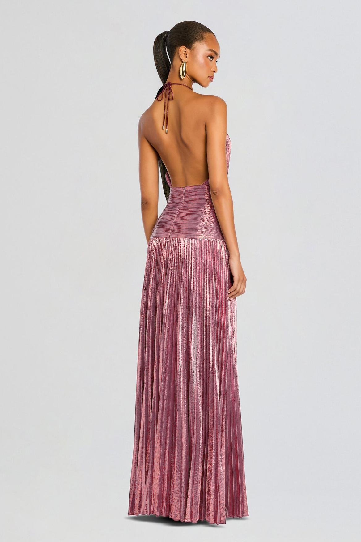 Metallic Fabric Pleated Halter Neck Maxi Dress