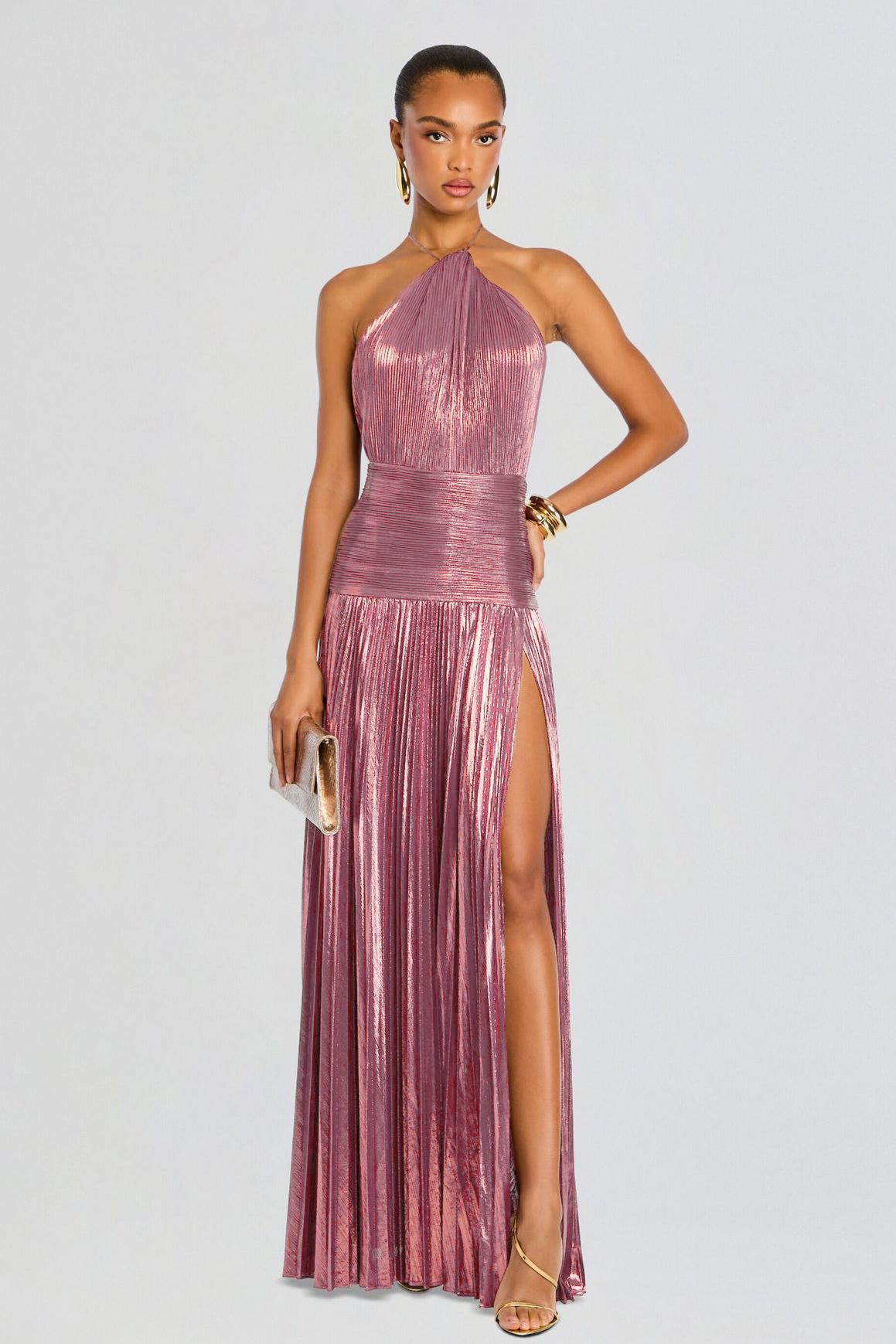 Metallic Fabric Pleated Halter Neck Maxi Dress