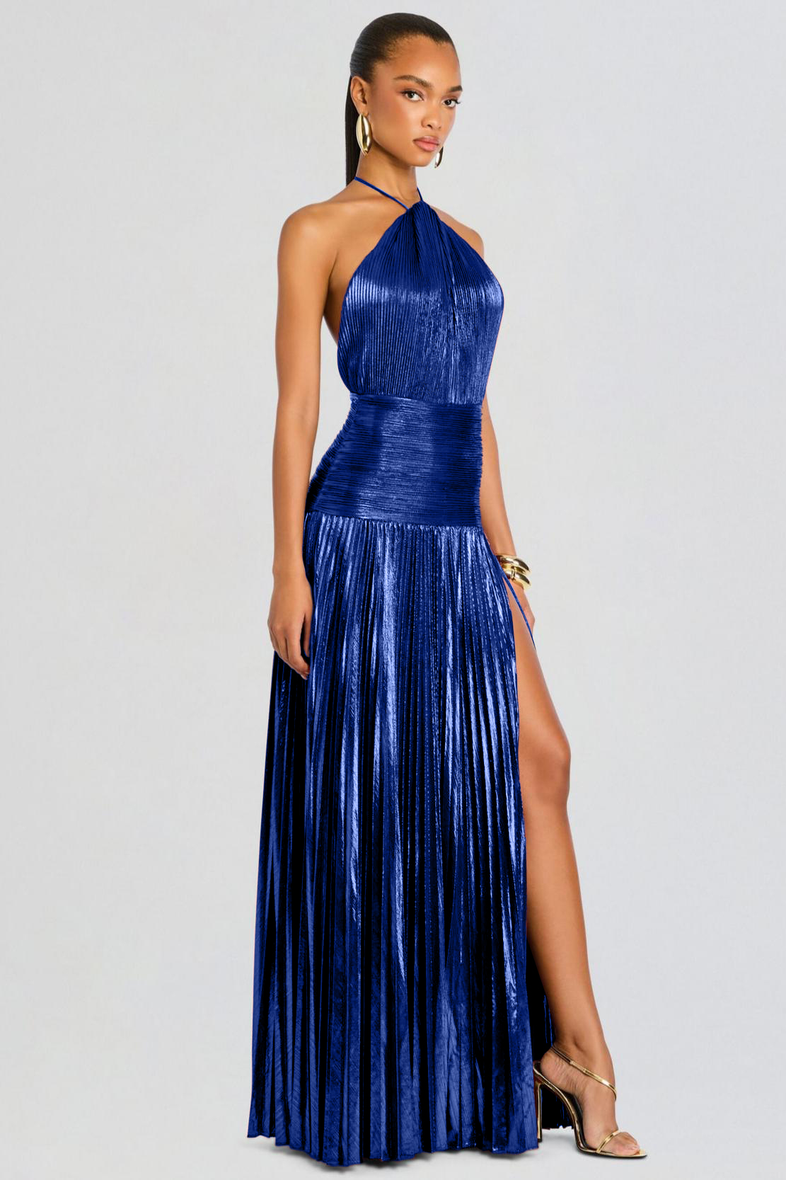 Metallic Fabric Pleated Halter Neck Maxi Dress