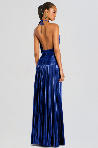 Metallic Fabric Pleated Halter Neck Maxi Dress