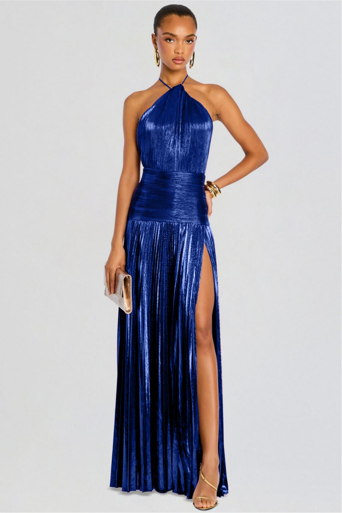 Metallic Fabric Pleated Halter Neck Maxi Dress