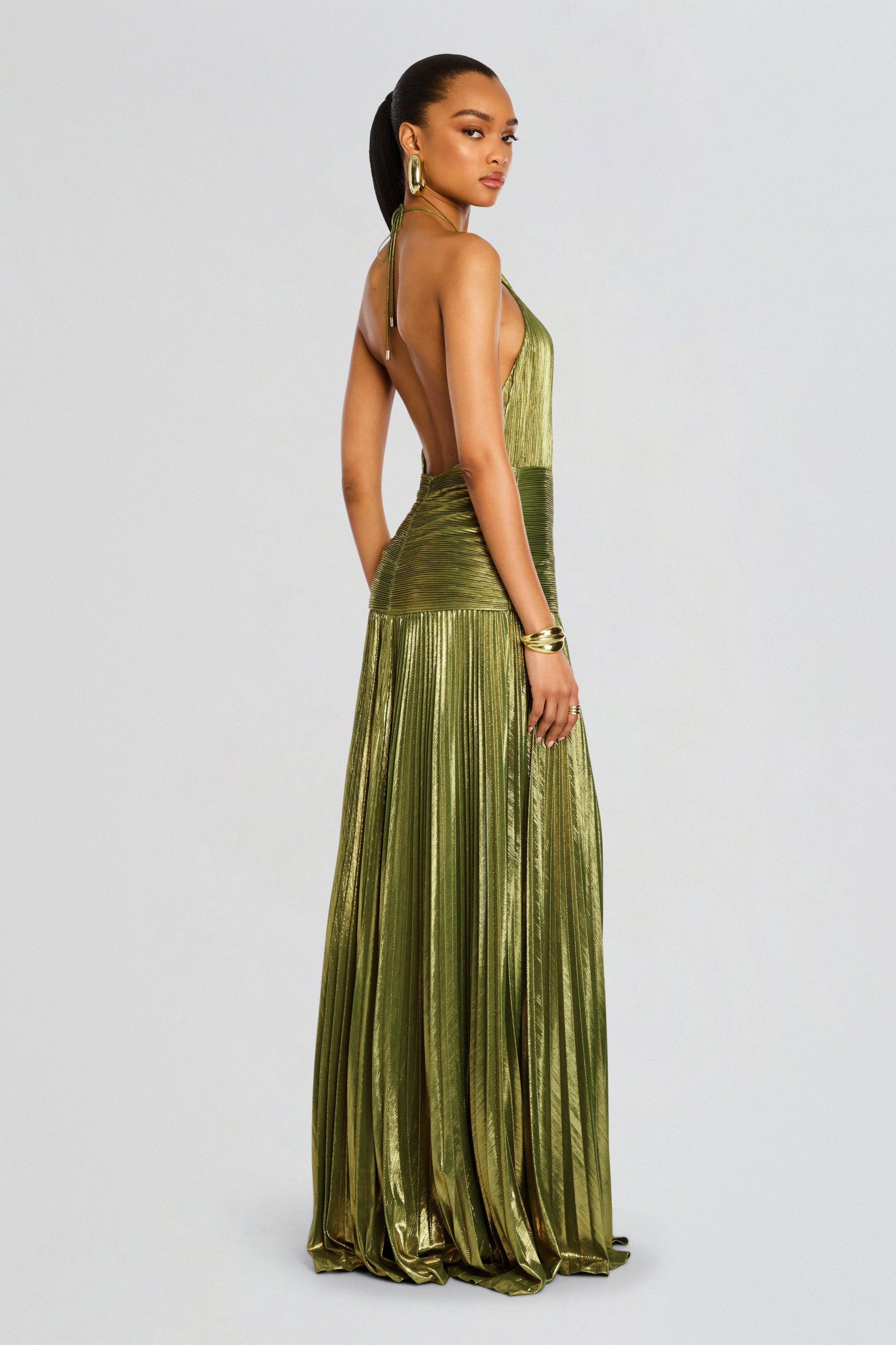 Metallic Fabric Pleated Halter Neck Maxi Dress