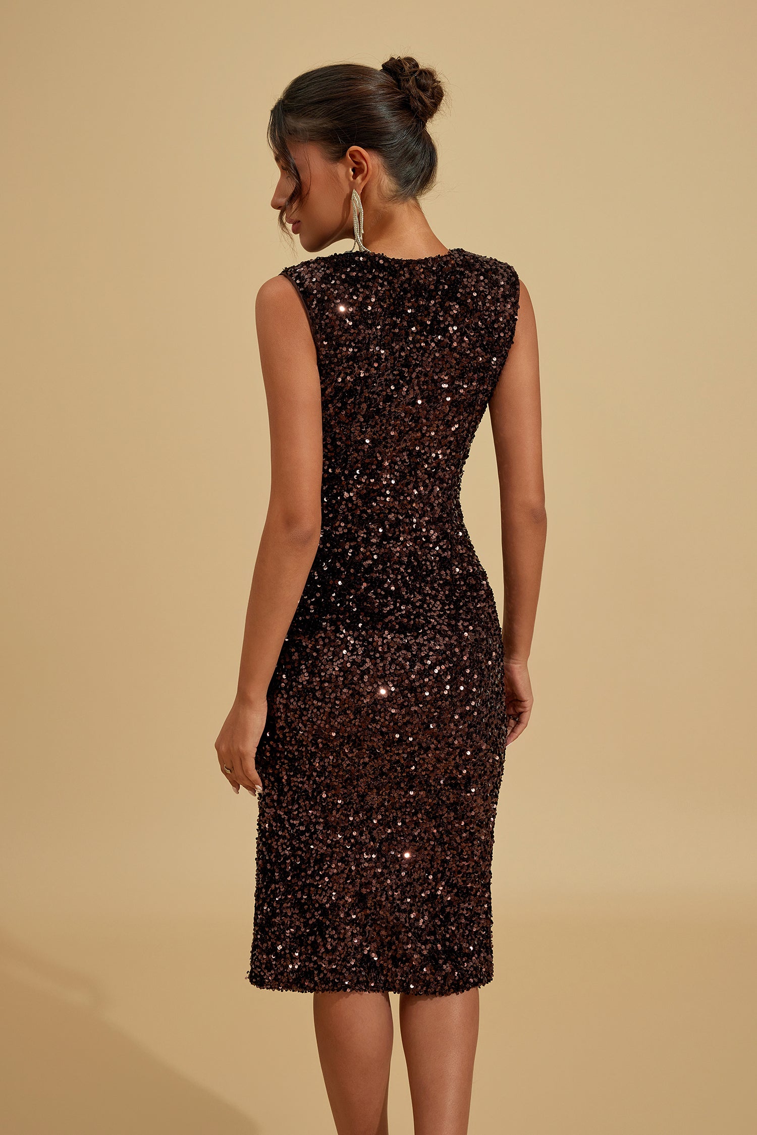 Velvet Sequin V-Neck Slit Midi Dress