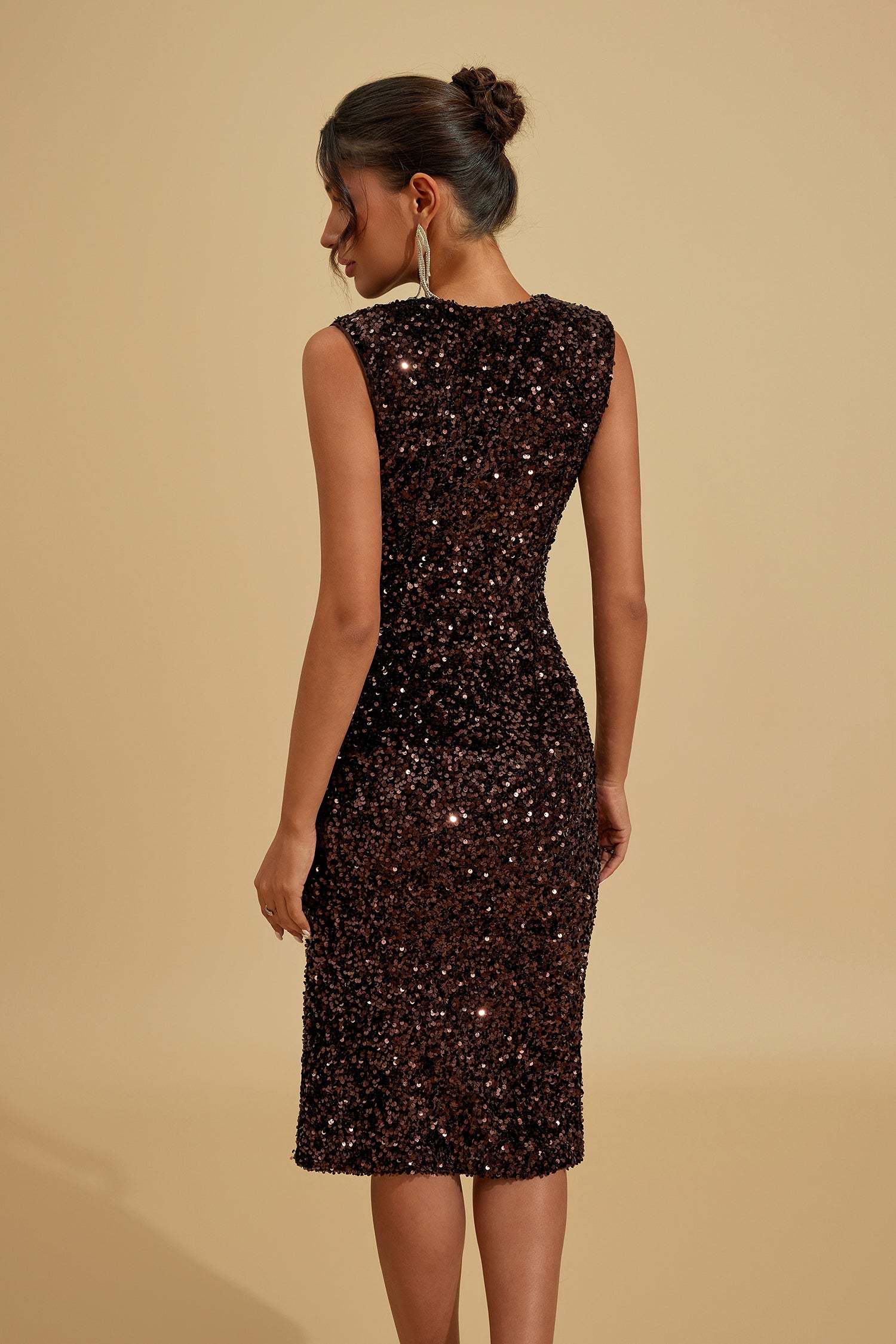 Velvet Sequin V-Neck Slit Midi Dress