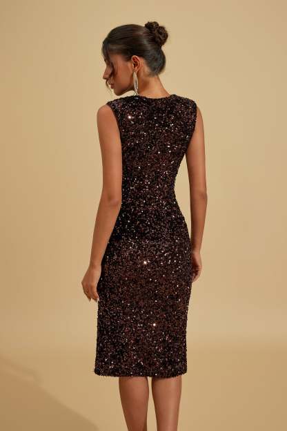 Velvet Sequin V-Neck Slit Midi Dress