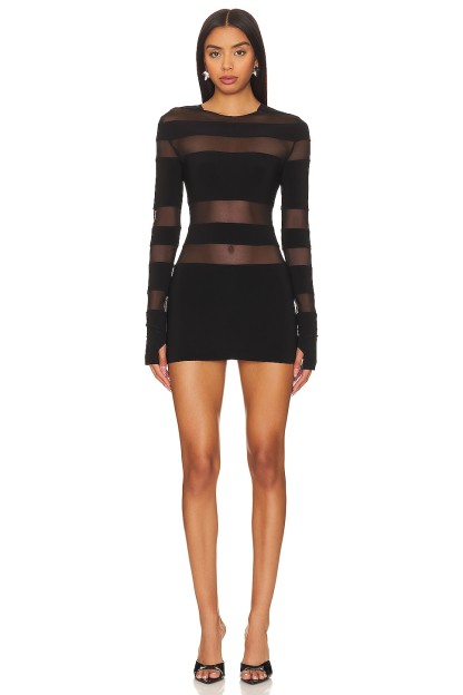 Long Sleeve Mesh Splicing Bandage Mini Dress