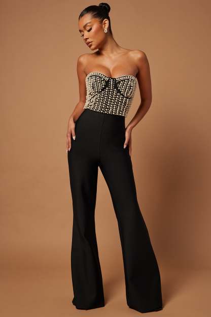Faux Pearl Off-Shoulder Bandage High Waist Jumpsuit