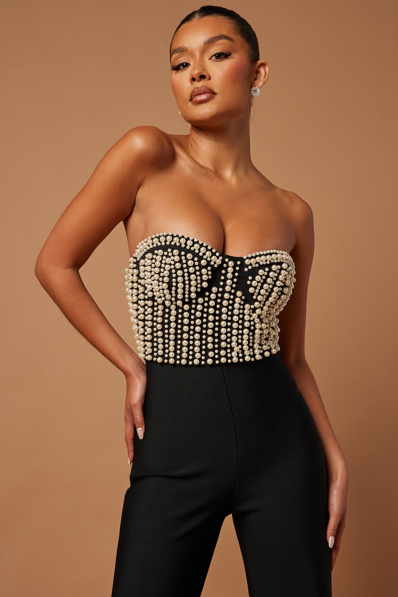 Faux Pearl Off-Shoulder Bandage High Waist Jumpsuit