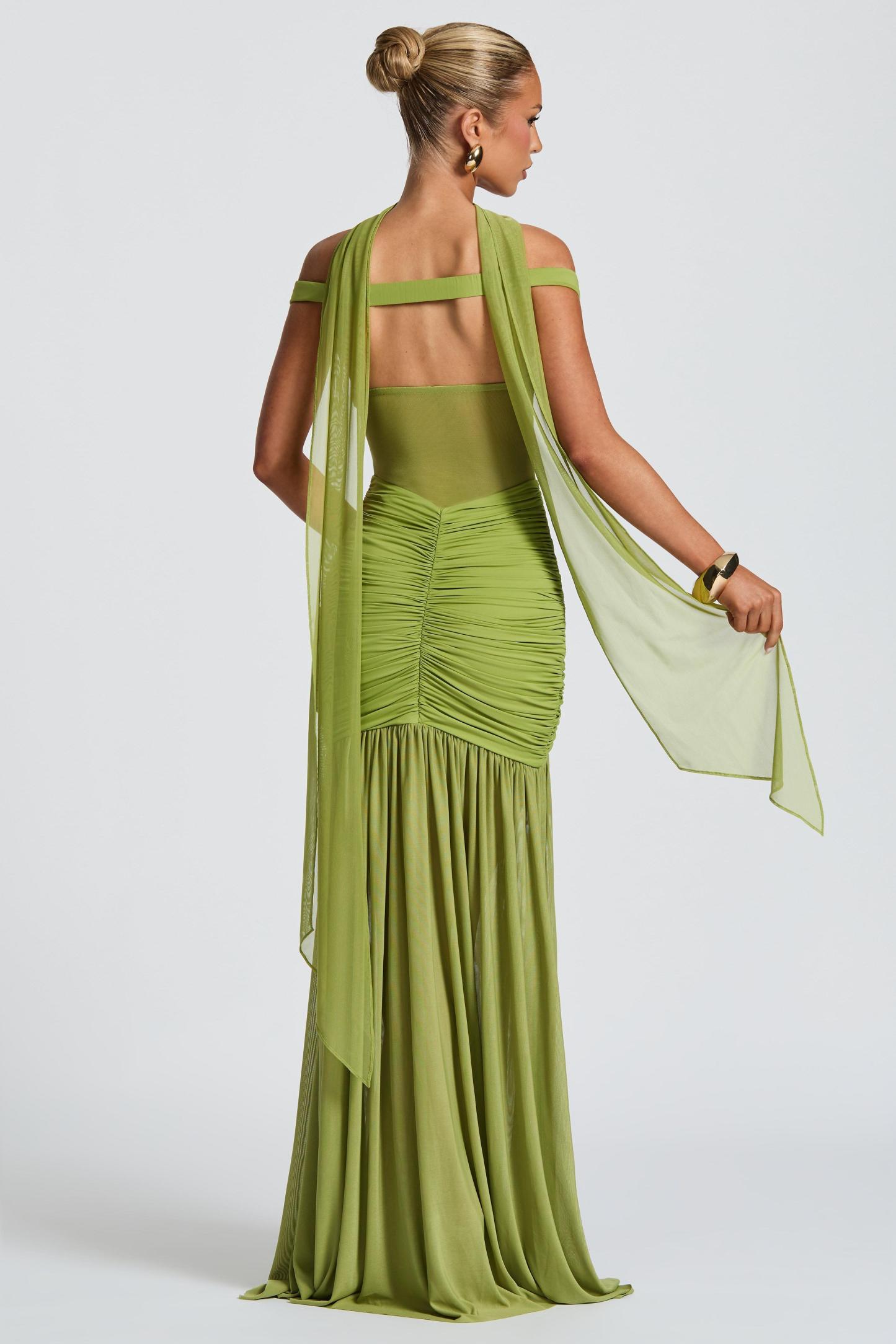 Mesh Off-Shoulder Gathering Maxi Dress