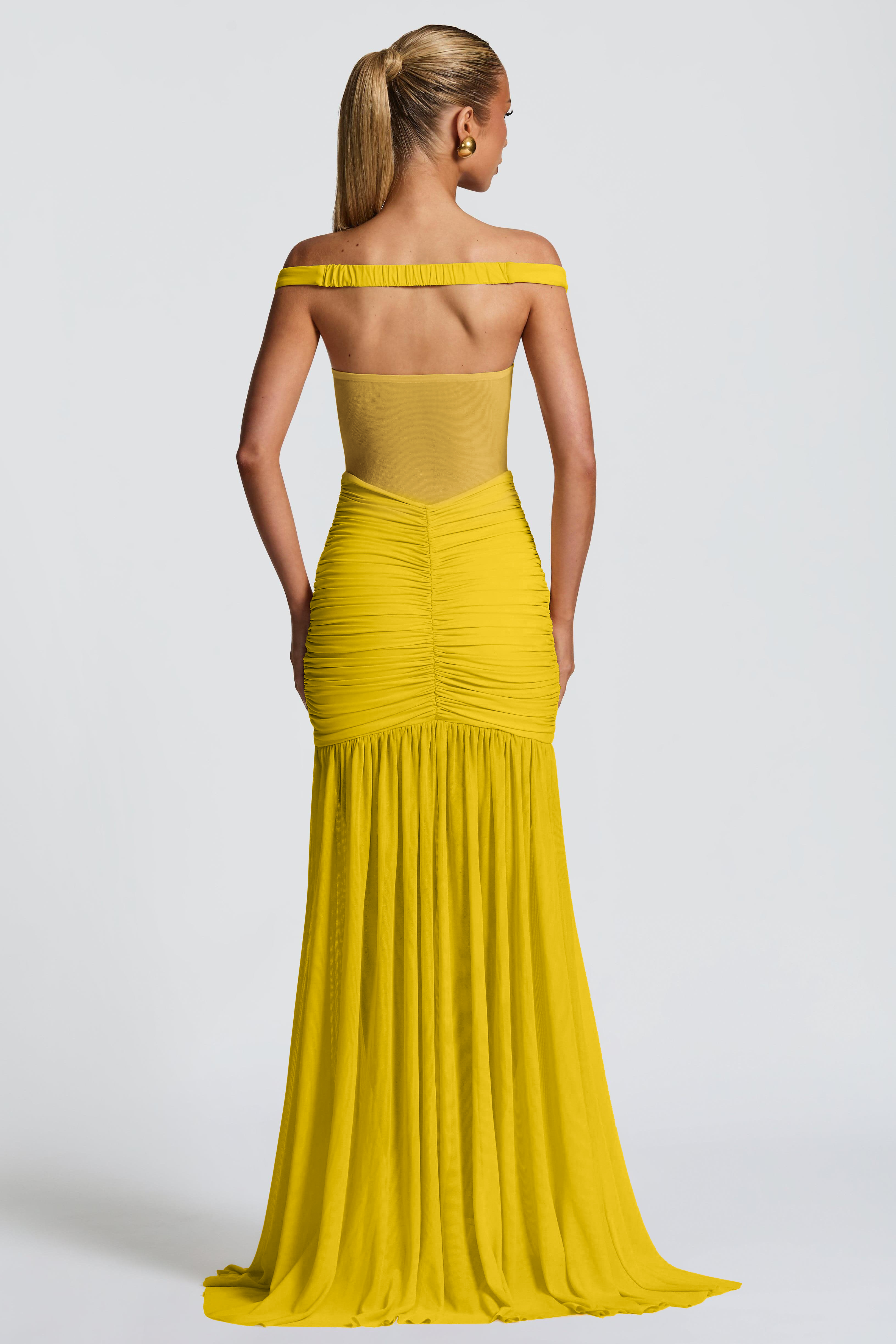 Mesh Off-Shoulder Gathering Maxi Dress