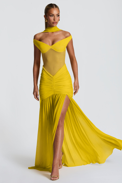 Mesh Off-Shoulder Gathering Maxi Dress