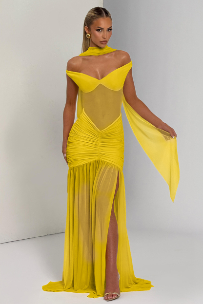 Mesh Off-Shoulder Gathering Maxi Dress