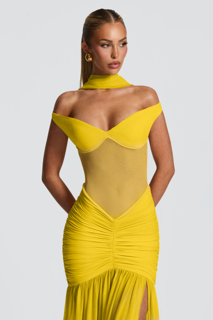 Mesh Off-Shoulder Gathering Maxi Dress