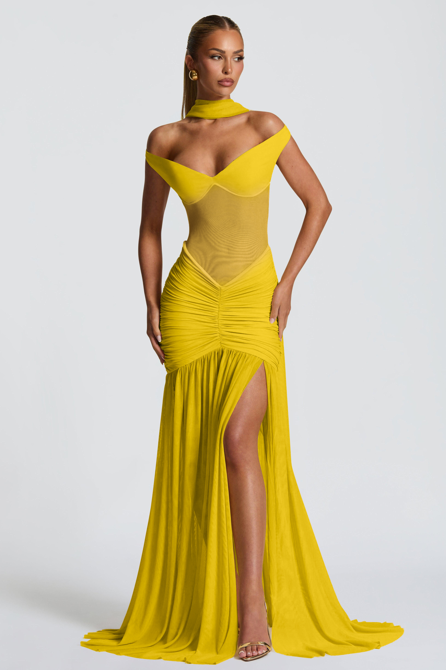 Mesh Off-Shoulder Gathering Maxi Dress