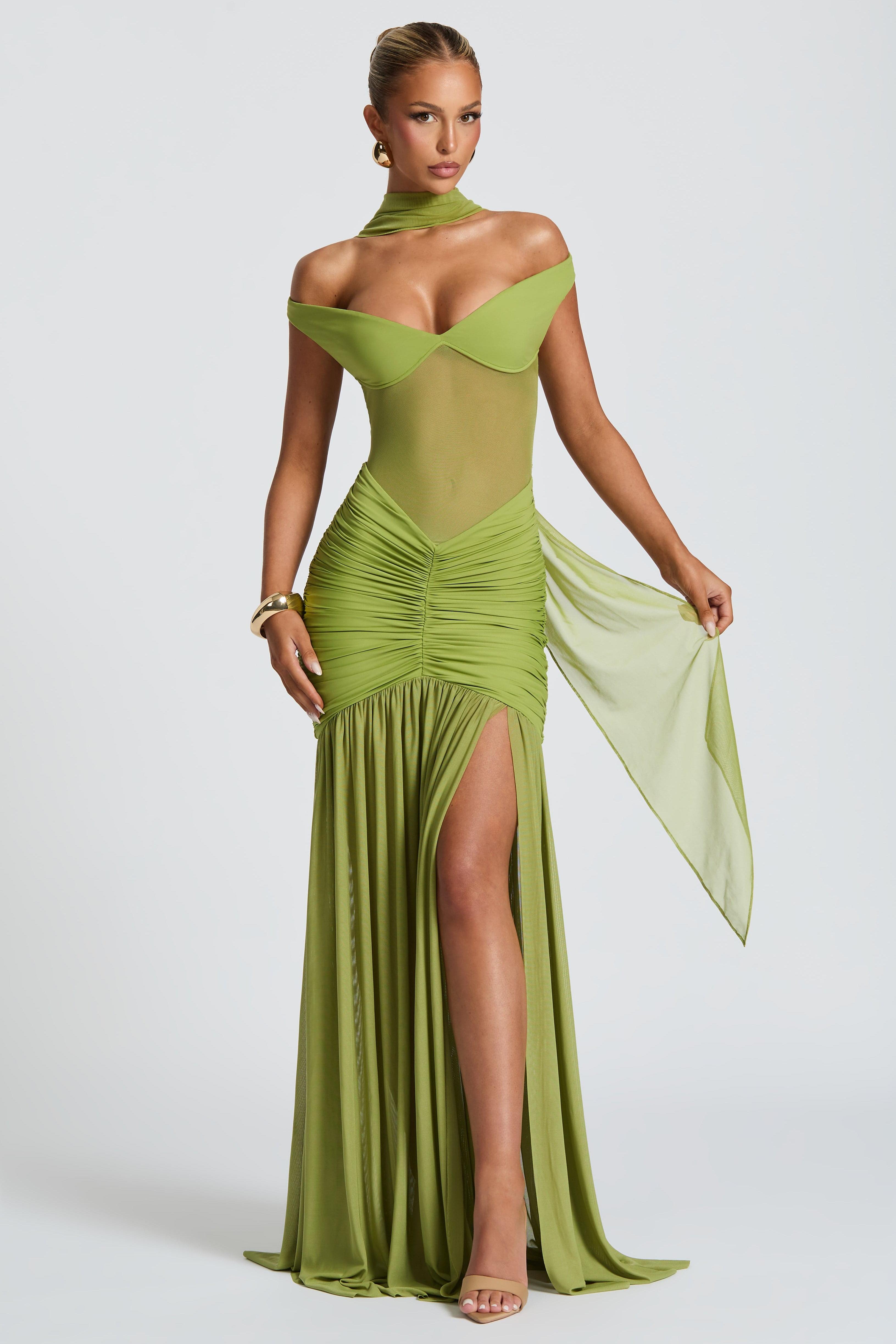 Mesh Off-Shoulder Gathering Maxi Dress