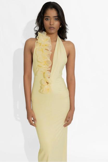 3D Flower Halter Neck Backless Maxi Dress