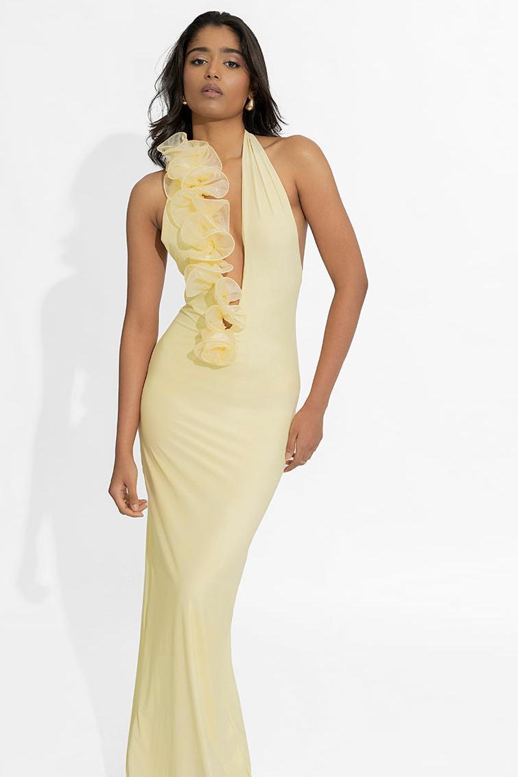 3D Flower Halter Neck Backless Maxi Dress